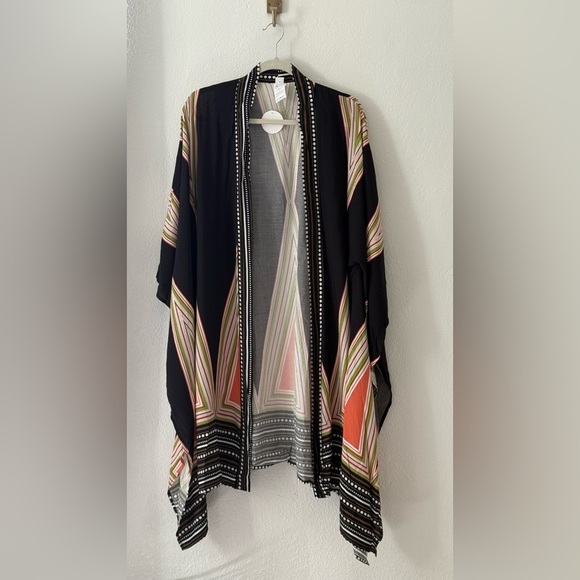 Chic Black and Multicolor Kimono Duster Art Deco Size L - Picture 5 of 11